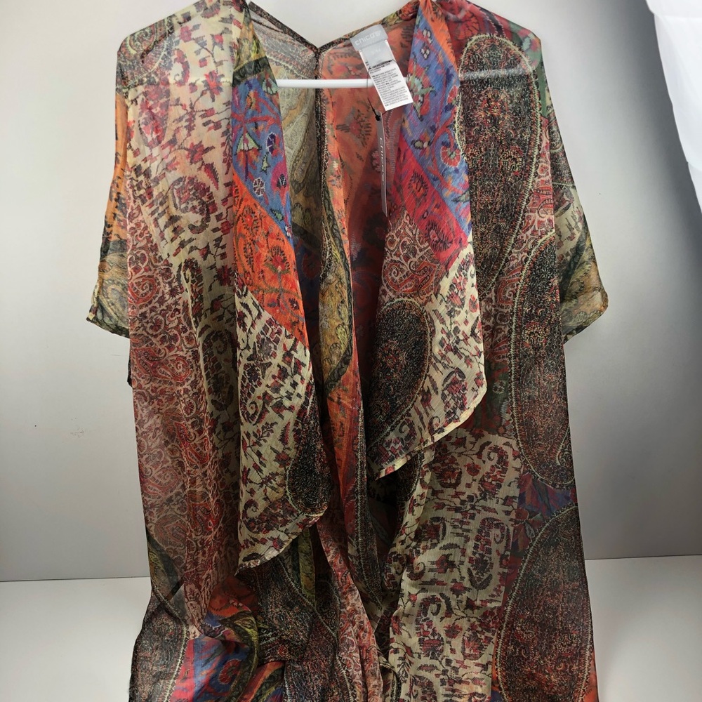 NWT Chico's Size S/M Orange Red Warm Paisley Duster Covering Ruana Wrap